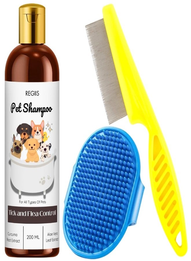 شامبو ريجيس للحيوانات الأليفة لمكافحة القراد والبراغيث، تركيبة طبيعية مع الكركم والصبار، 200 مل، يتضمن فرشاة تنظيف الحيوانات الأليفة ومشط البراغيث (عبوة من 3 قطع) - Image 1